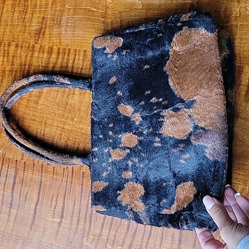 VINTAGE 90S COWHIDE PRINT TEDDY FAUX FUR TOTE BAG MULTI COMPARTMENT